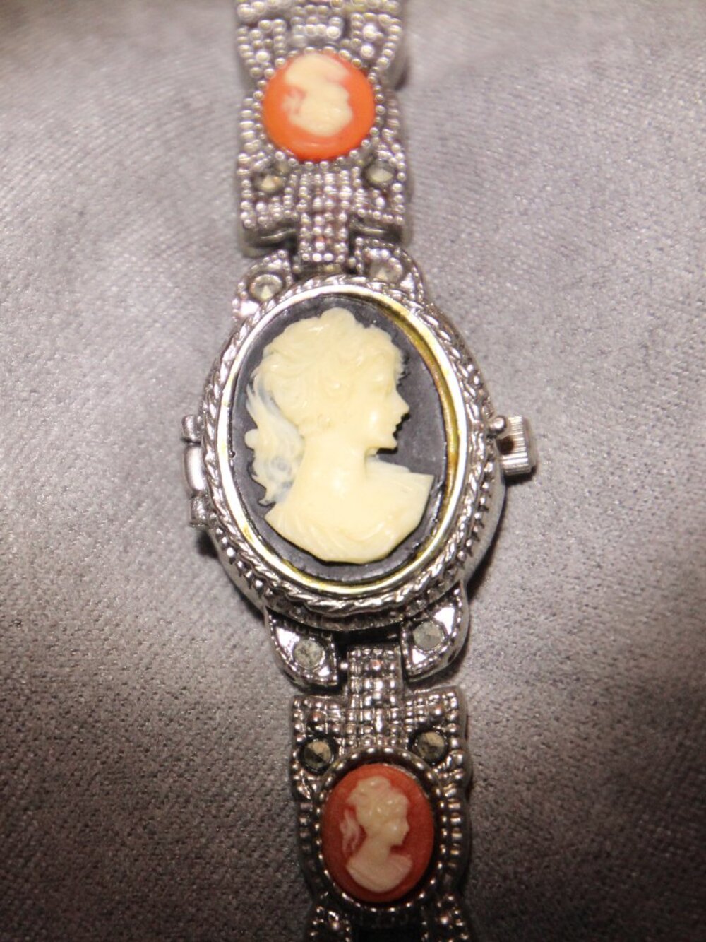 Watch or bracelet, silver tone, Faux cameo. Kristine brand. Good.